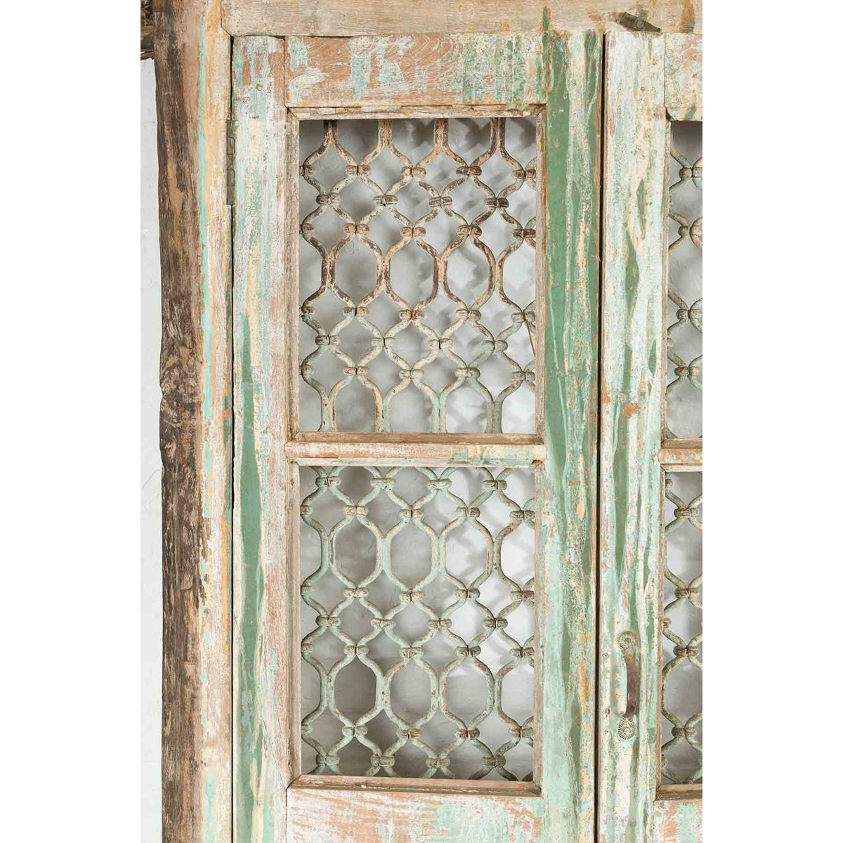19th Century Antique Indian Grate Window with Green Paint and Distressed Patina-12. Asian &amp; Chinese Furniture, Art, Antiques, Vintage Home Décor for sale at FEA Home