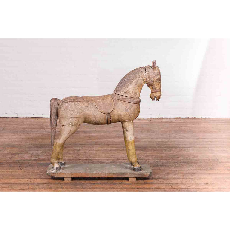 Antique Indian Multicolor Hand-Carved Wooden Mogul Horse on Rectangular Base