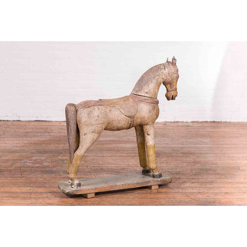 Antique Indian Multicolor Hand-Carved Wooden Mogul Horse on Rectangular Base