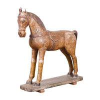 Antique Indian Multicolor Hand-Carved Wooden Mogul Horse on Rectangular Base
