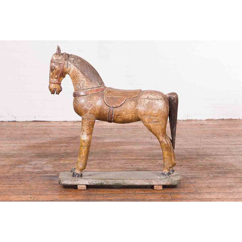 Antique Indian Multicolor Hand-Carved Wooden Mogul Horse on Rectangular Base