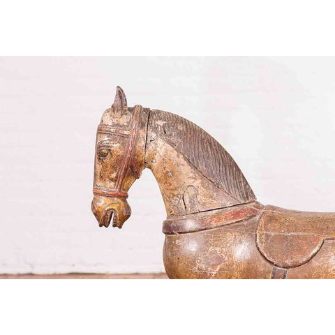 Antique Indian Multicolor Hand-Carved Wooden Mogul Horse on Rectangular Base