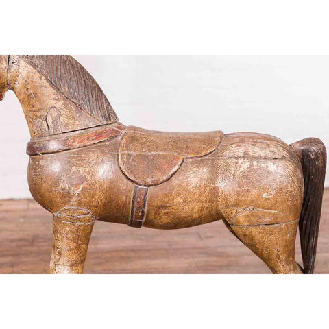 Antique Indian Multicolor Hand-Carved Wooden Mogul Horse on Rectangular Base