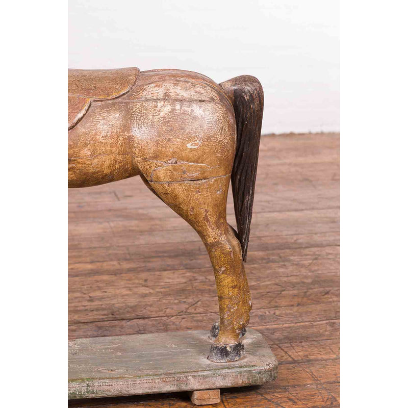 Antique Indian Multicolor Hand-Carved Wooden Mogul Horse on Rectangular Base