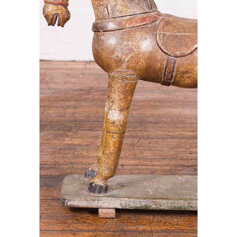 Antique Indian Multicolor Hand-Carved Wooden Mogul Horse on Rectangular Base