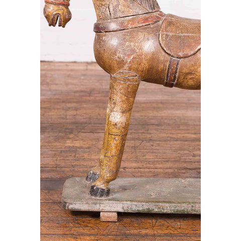 Antique Indian Multicolor Hand-Carved Wooden Mogul Horse on Rectangular Base