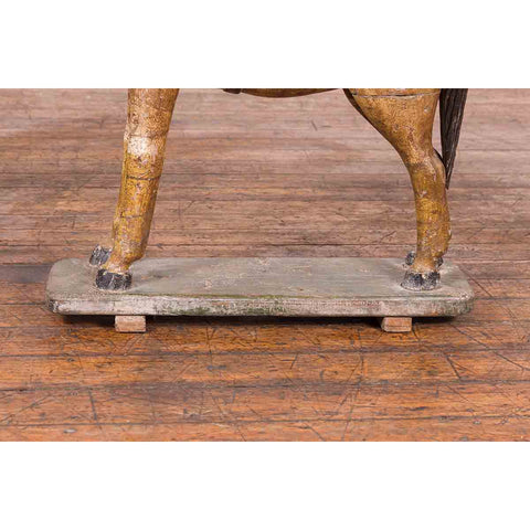 Antique Indian Multicolor Hand-Carved Wooden Mogul Horse on Rectangular Base