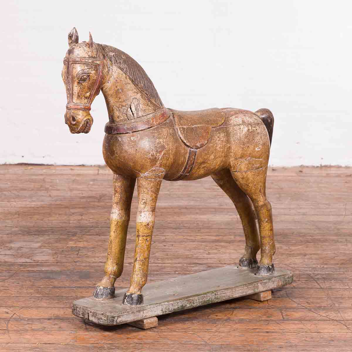 Antique Indian Multicolor Hand-Carved Wooden Mogul Horse on Rectangular Base-2. Asian & Chinese Furniture, Art, Antiques, Vintage Home Décor for sale at FEA Home