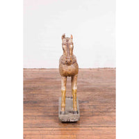 Antique Indian Multicolor Hand-Carved Wooden Mogul Horse on Rectangular Base