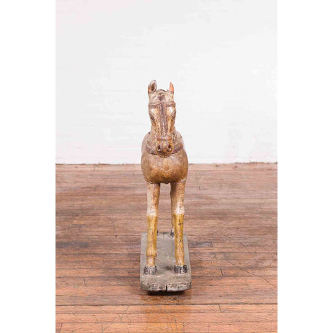 Antique Indian Multicolor Hand-Carved Wooden Mogul Horse on Rectangular Base