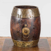 Chinese Vintage Rustic Wooden Bucket with Brass Accents and Ornate Backplate