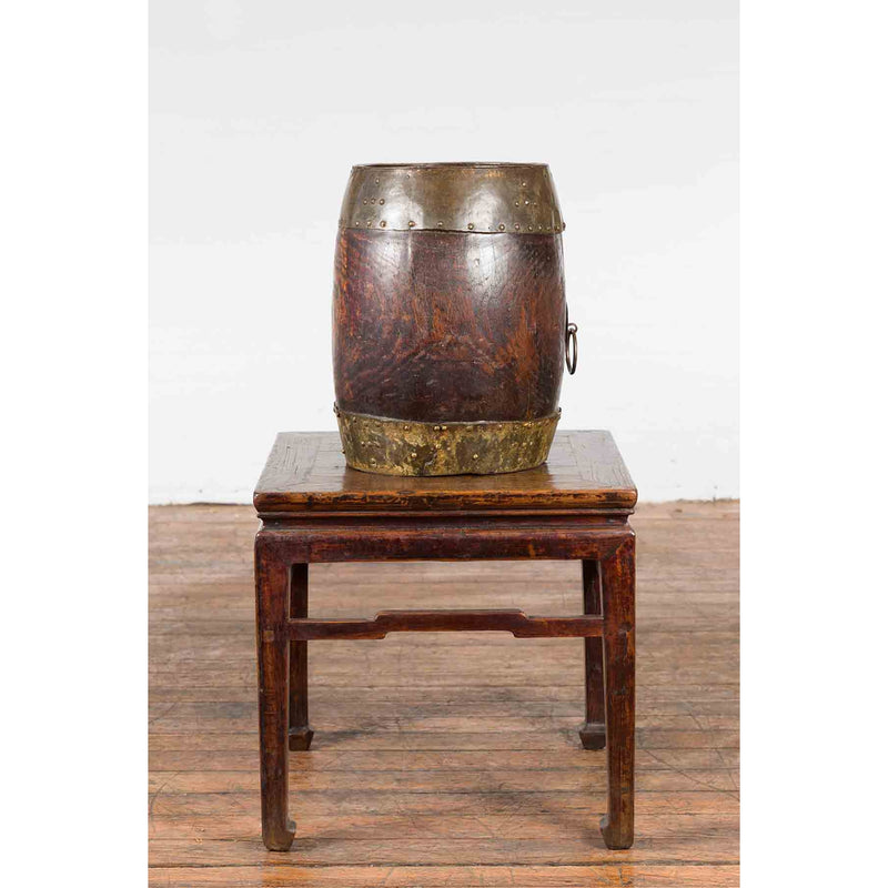 Chinese Vintage Rustic Wooden Bucket with Brass Accents and Ornate Backplate