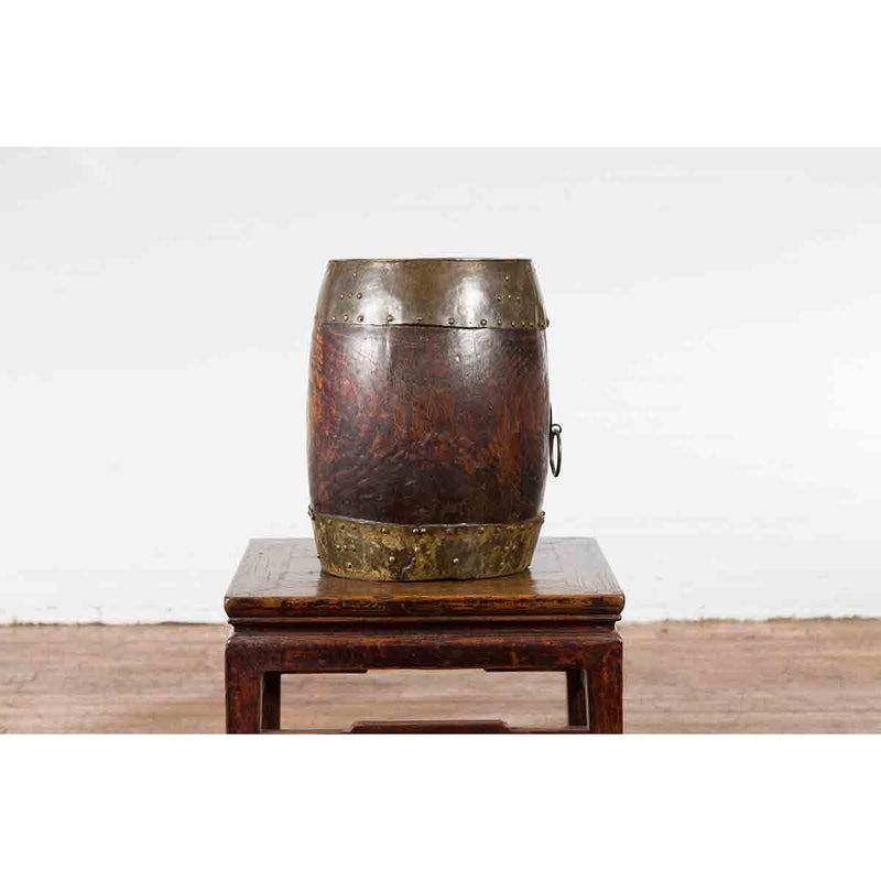 Chinese Vintage Rustic Wooden Bucket with Brass Accents and Ornate Backplate