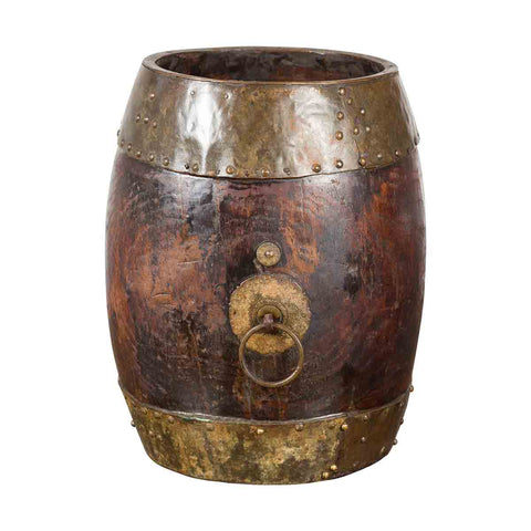Chinese Vintage Rustic Wooden Bucket with Brass Accents and Ornate Backplate- Asian Antiques, Vintage Home Decor & Chinese Furniture - FEA Home