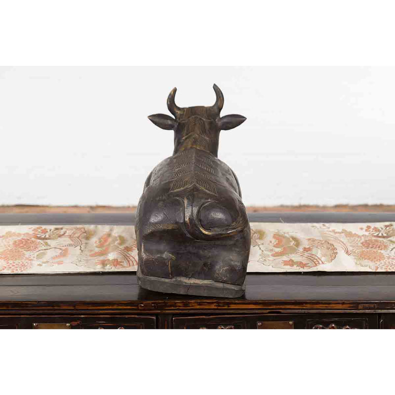 Indian Vintage Carved Wooden Bull Sculpture Depicting Guardian Deity Nandi