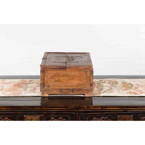 19th Century Indian Wooden Box with Incised Motifs and Distressed Patina