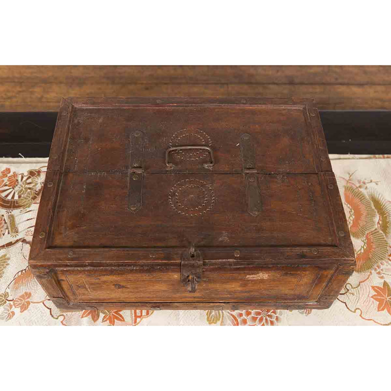 19th Century Indian Wooden Box with Incised Motifs and Distressed Patina
