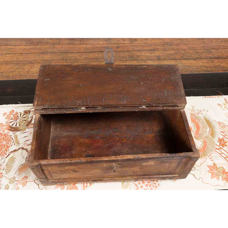 19th Century Indian Wooden Box with Incised Motifs and Distressed Patina
