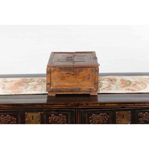 19th Century Indian Wooden Box with Incised Motifs and Distressed Patina