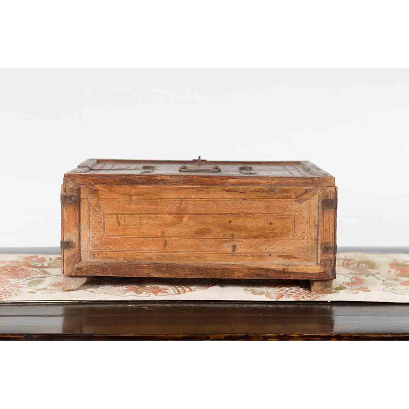 19th Century Indian Wooden Box with Incised Motifs and Distressed Patina