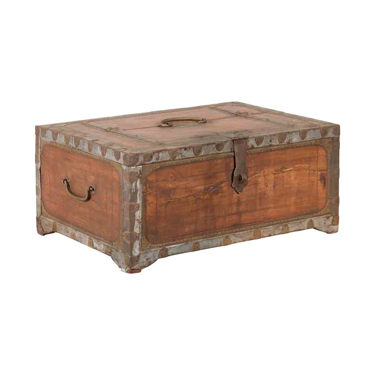 19th Century Indian Wooden Box with Brass Details and Distressed Patina-1. Asian &amp; Chinese Furniture, Art, Antiques, Vintage Home Décor for sale at FEA Home