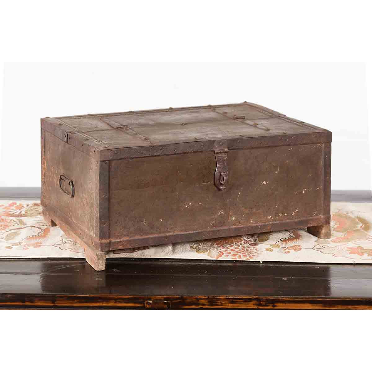 Indian 19th Century Box with Metal Sheathing and Bracketed Wooden Base-2. Asian & Chinese Furniture, Art, Antiques, Vintage Home Décor for sale at FEA Home