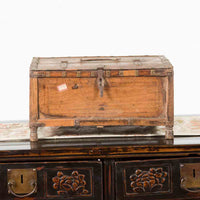 Rustic Indian 19th Century Wooden Box with Iron Details and Concentric Circles