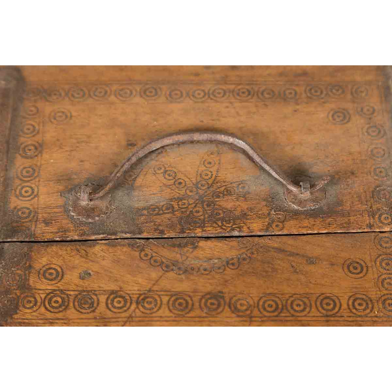 Rustic Indian 19th Century Wooden Box with Iron Details and Concentric Circles