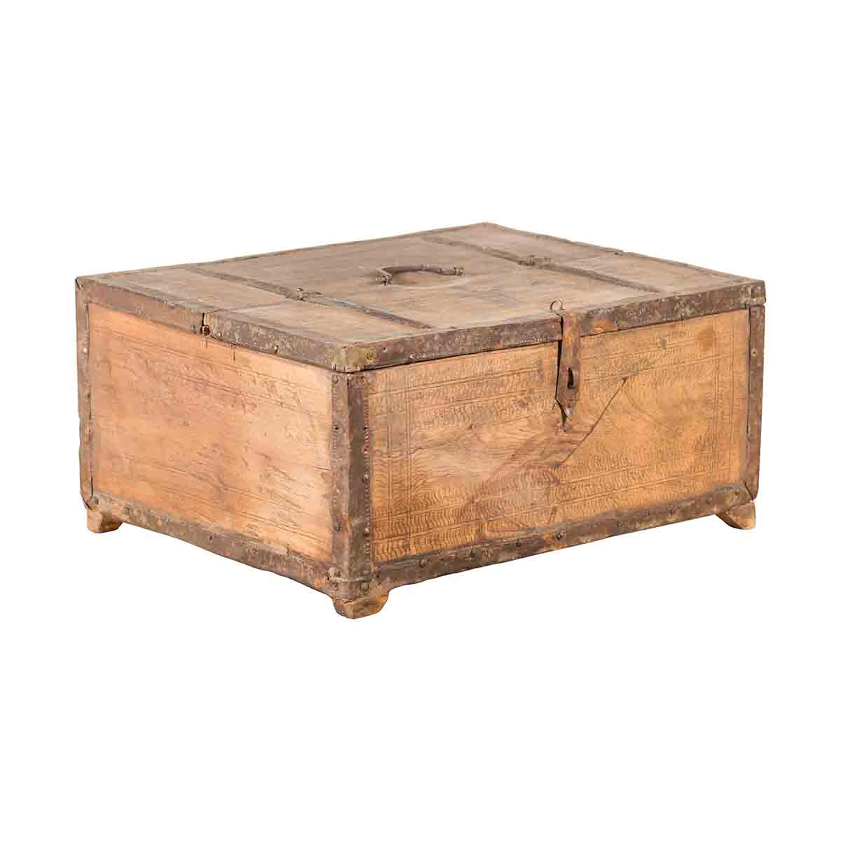 Rustic Indian 19th Century Wooden Box with Iron Details and Incised Motifs-1. Asian & Chinese Furniture, Art, Antiques, Vintage Home Décor for sale at FEA Home