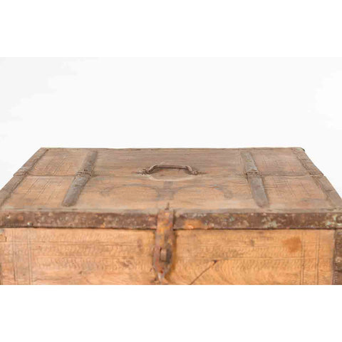 Rustic Indian 19th Century Wooden Box with Iron Details and Incised Motifs-7. Asian & Chinese Furniture, Art, Antiques, Vintage Home Décor for sale at FEA Home