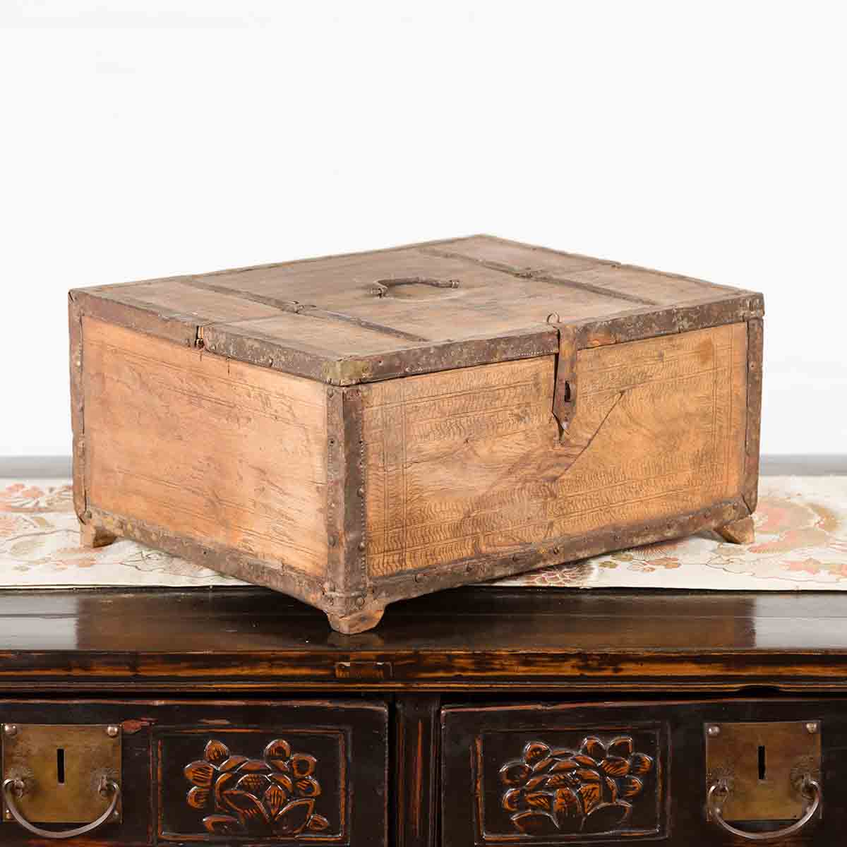 Rustic Indian 19th Century Wooden Box with Iron Details and Incised Motifs-2. Asian & Chinese Furniture, Art, Antiques, Vintage Home Décor for sale at FEA Home