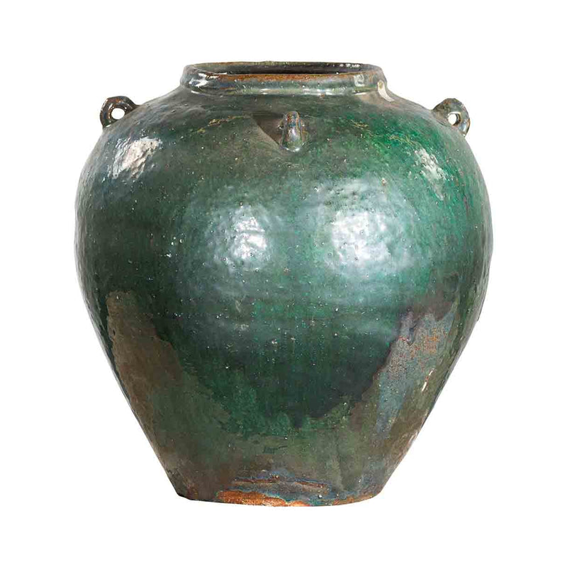 Chinese Vintage Hunan Style Green Glazed Water Jar with Petite Loop Handles- Asian Antiques, Vintage Home Decor & Chinese Furniture - FEA Home