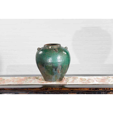 Chinese Vintage Hunan Style Green Glazed Water Jar with Petite Loop Handles