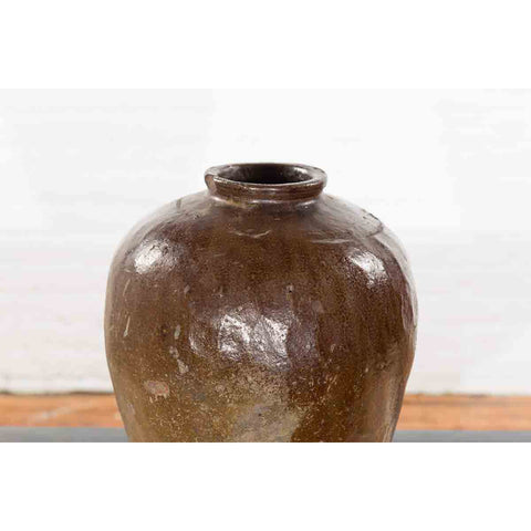 Antique Japanese 19th Century Brown Glazed Water Jar
