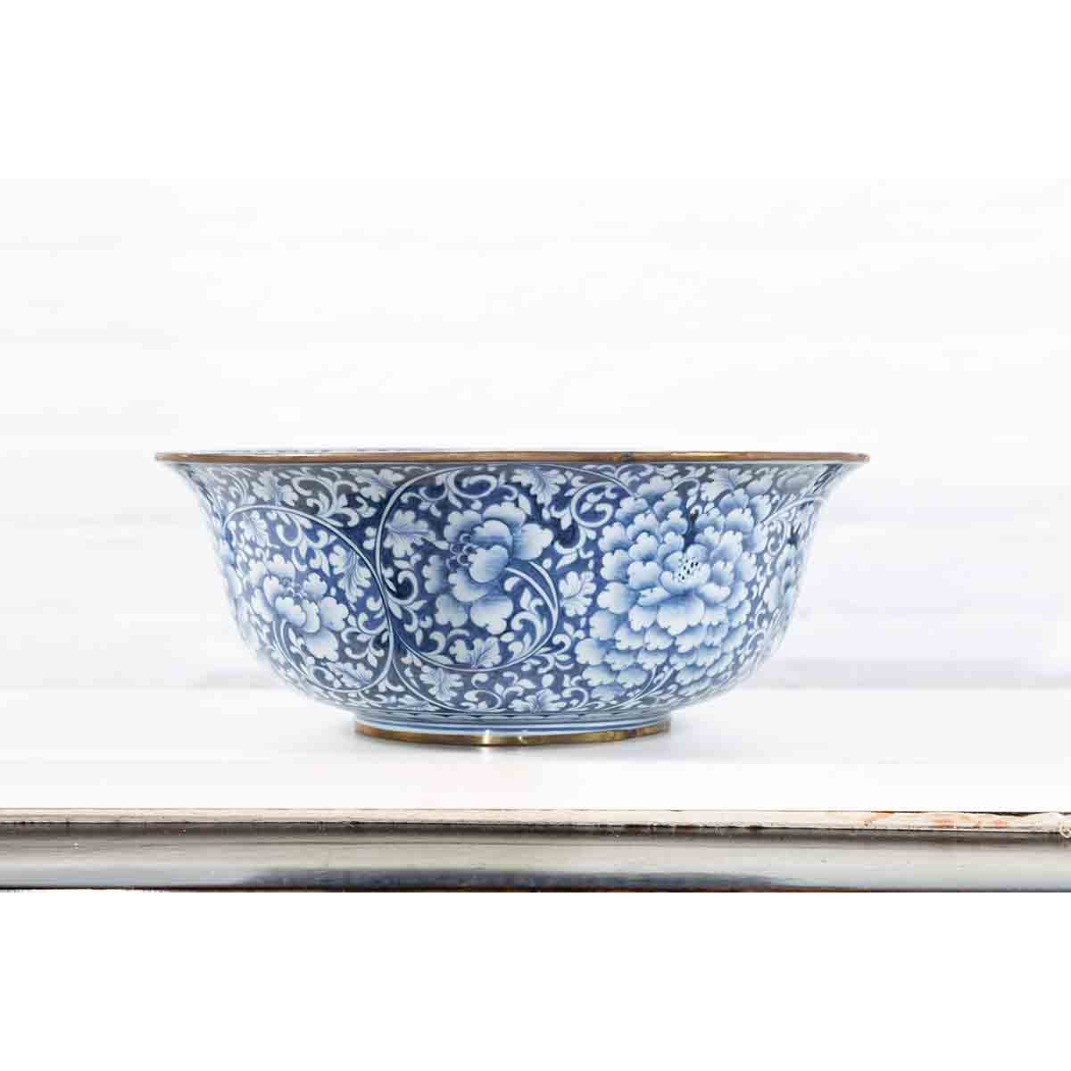 Contemporary Thai Hand-Painted Blue and White Porcelain Bowl with Floral Motifs-2. Asian & Chinese Furniture, Art, Antiques, Vintage Home Décor for sale at FEA Home