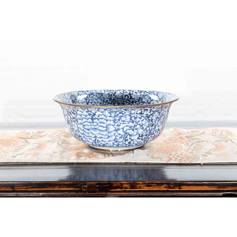 Contemporary Thai Hand-Painted Blue and White Porcelain Bowl with Floral Motifs-YN7298-5. Asian & Chinese Furniture, Art, Antiques, Vintage Home Décor for sale at FEA Home