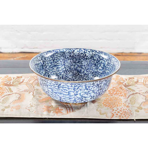 Contemporary Thai Hand-Painted Blue and White Porcelain Bowl with Floral Motifs-YN7298-6. Asian & Chinese Furniture, Art, Antiques, Vintage Home Décor for sale at FEA Home