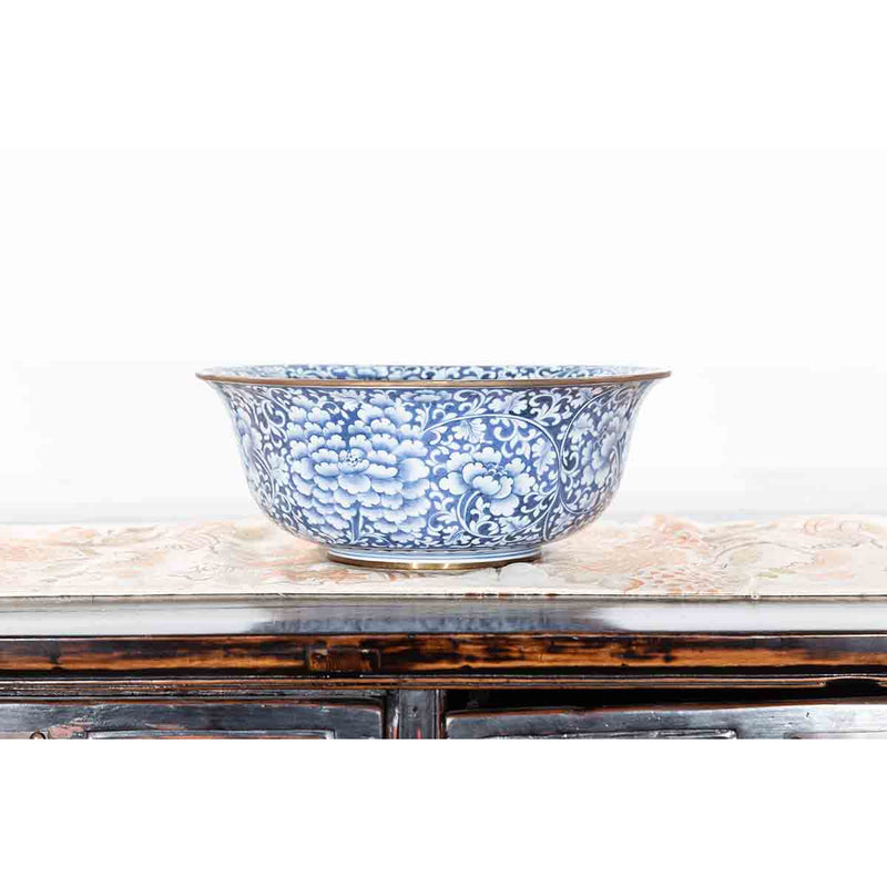Contemporary Thai Hand-Painted Blue and White Porcelain Bowl with Floral Motifs-YN7298-7. Asian & Chinese Furniture, Art, Antiques, Vintage Home Décor for sale at FEA Home