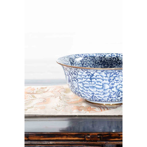 Contemporary Thai Hand-Painted Blue and White Porcelain Bowl with Floral Motifs-YN7298-8. Asian & Chinese Furniture, Art, Antiques, Vintage Home Décor for sale at FEA Home
