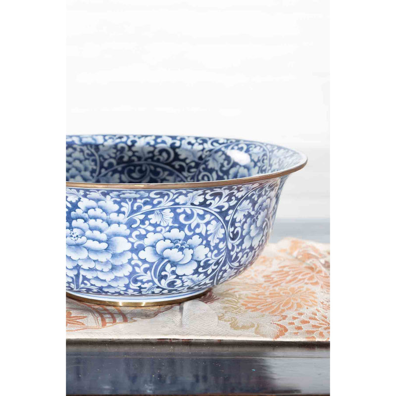 Contemporary Thai Hand-Painted Blue and White Porcelain Bowl with Floral Motifs