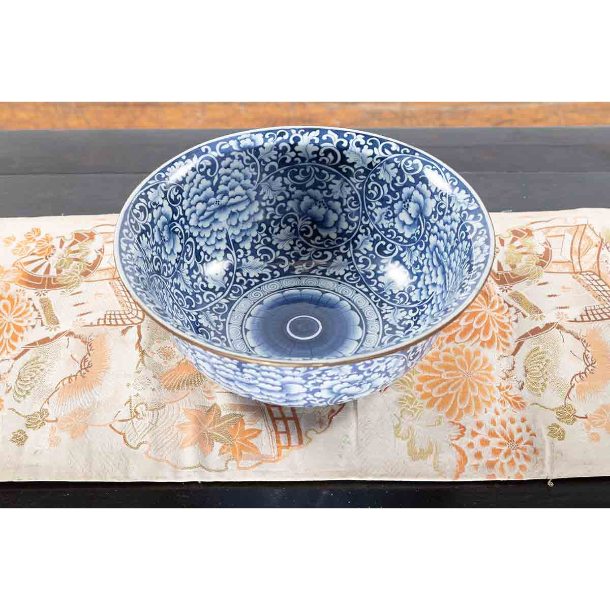 Contemporary Thai Hand-Painted Blue and White Porcelain Bowl with Floral Motifs-11. Asian &amp; Chinese Furniture, Art, Antiques, Vintage Home Décor for sale at FEA Home