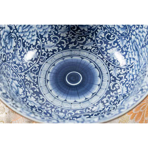 Contemporary Thai Hand-Painted Blue and White Porcelain Bowl with Floral Motifs-YN7298-12. Asian & Chinese Furniture, Art, Antiques, Vintage Home Décor for sale at FEA Home