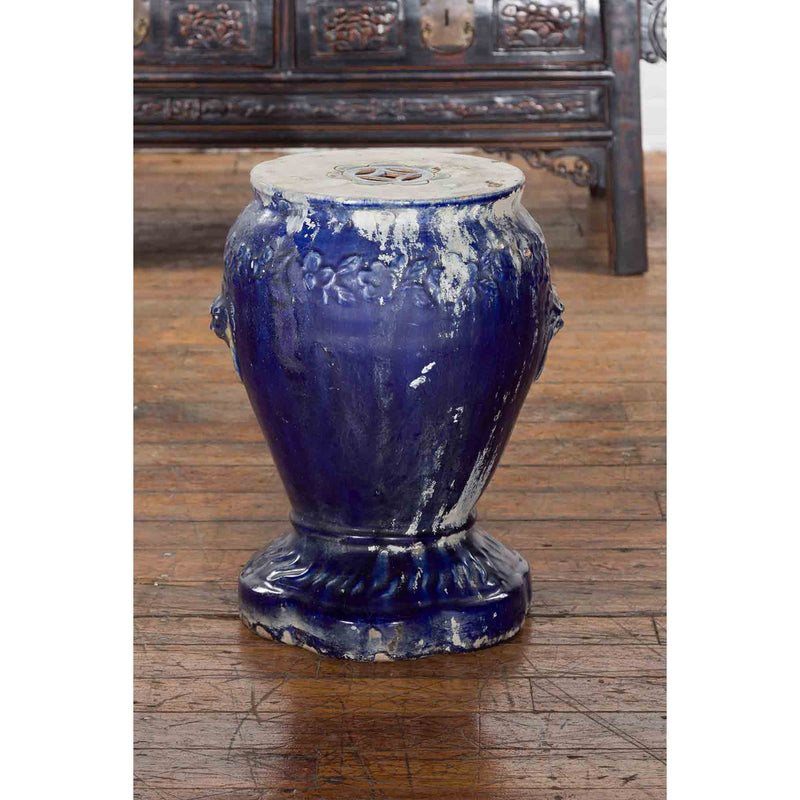 Chinese Qing Dynasty Period Blue Glazed Garden Seat with Floral Motifs on Base