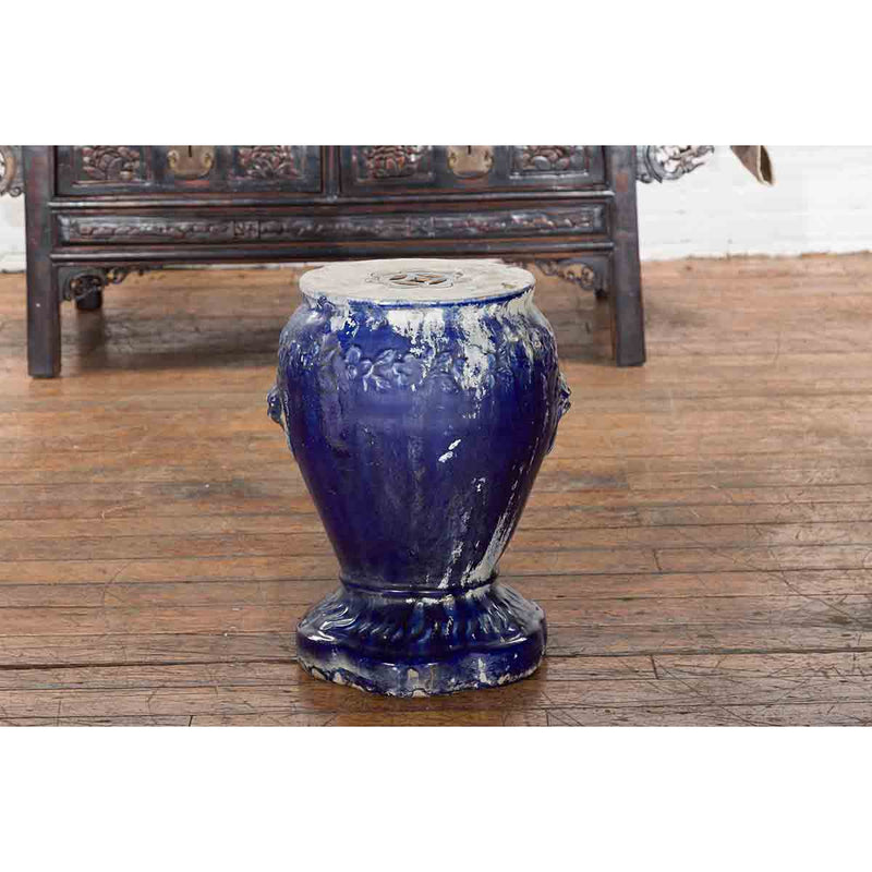 Chinese Qing Dynasty Period Blue Glazed Garden Seat with Floral Motifs on Base-YN7300-4. Asian & Chinese Furniture, Art, Antiques, Vintage Home Décor for sale at FEA Home
