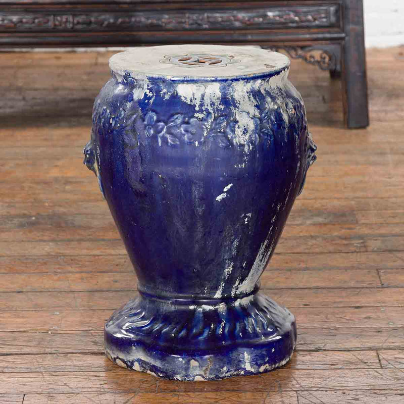 Chinese Qing Dynasty Period Blue Glazed Garden Seat with Floral Motifs on Base-YN7300-2. Asian & Chinese Furniture, Art, Antiques, Vintage Home Décor for sale at FEA Home