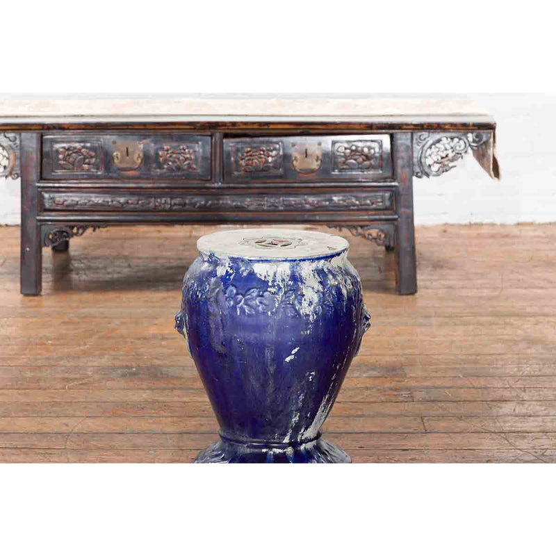 Chinese Qing Dynasty Period Blue Glazed Garden Seat with Floral Motifs on Base-YN7300-6. Asian & Chinese Furniture, Art, Antiques, Vintage Home Décor for sale at FEA Home