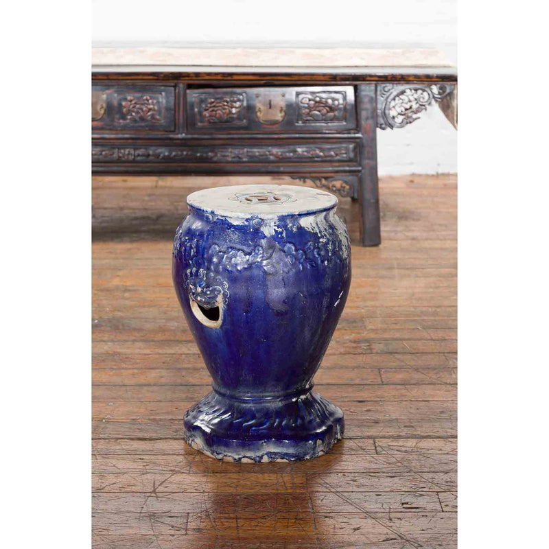 Chinese Qing Dynasty Period Blue Glazed Garden Seat with Floral Motifs on Base-YN7300-10. Asian & Chinese Furniture, Art, Antiques, Vintage Home Décor for sale at FEA Home