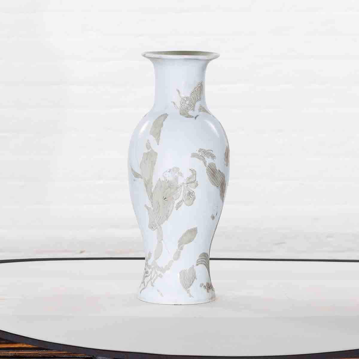 19th Century White Altar Vase with Silver Floral Design-2. Asian & Chinese Furniture, Art, Antiques, Vintage Home Décor for sale at FEA Home
