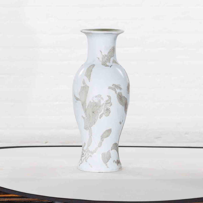 19th Century White Altar Vase with Silver Floral Design