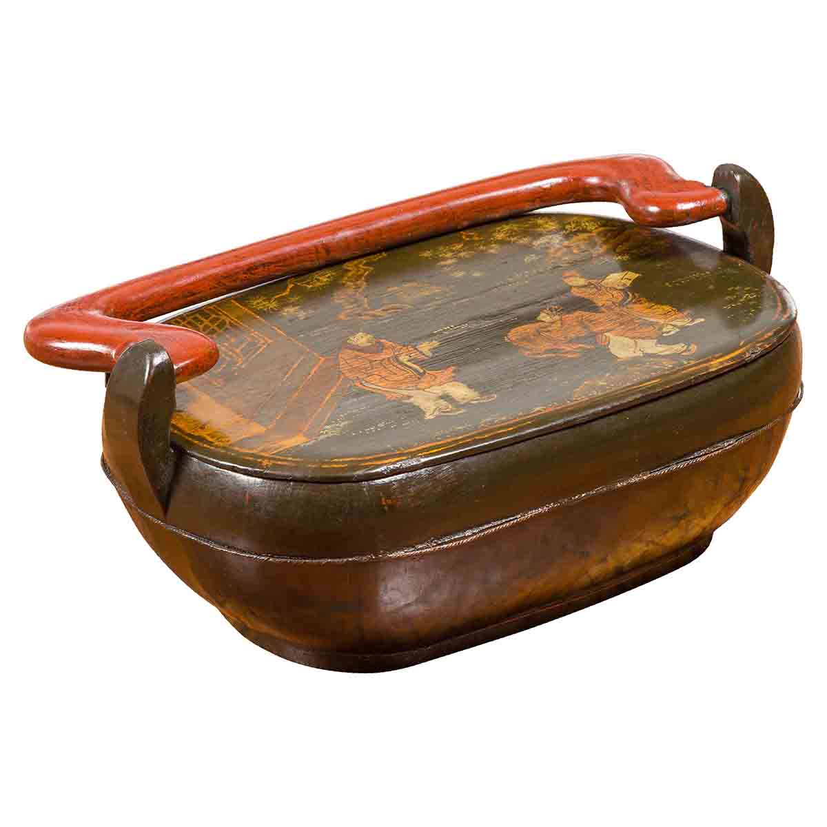 Chinese Vintage Black Lacquer Lidded Box with Hand-Painted Chinoiserie Décor-1. Asian & Chinese Furniture, Art, Antiques, Vintage Home Décor for sale at FEA Home